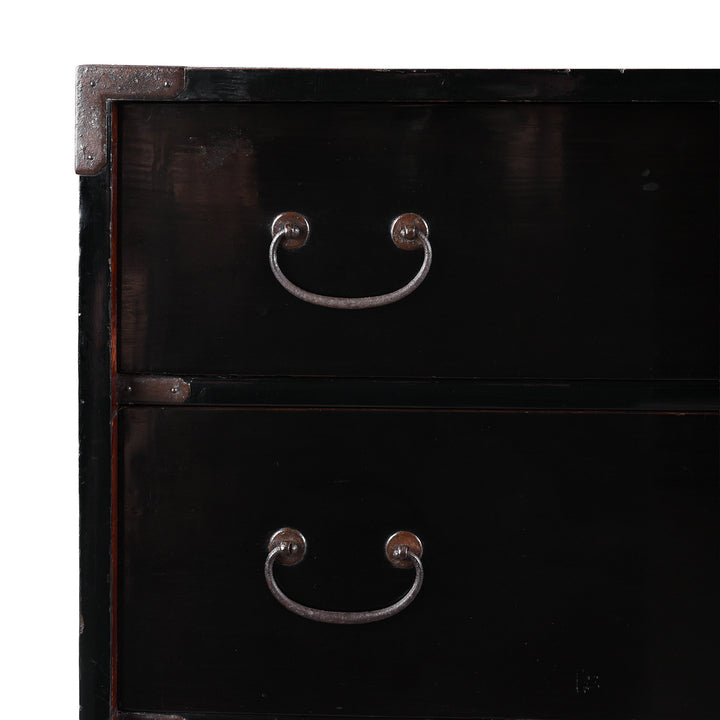 Corner Detail From Late Meiji Period Japanese Shōnai Bo-Dansu Kiri Wood Merchant's Chest With Black Lacquer Finish Hand Forged Iron Fittings Hidden Drawers And Original Locking Bar | Indigo Antiques