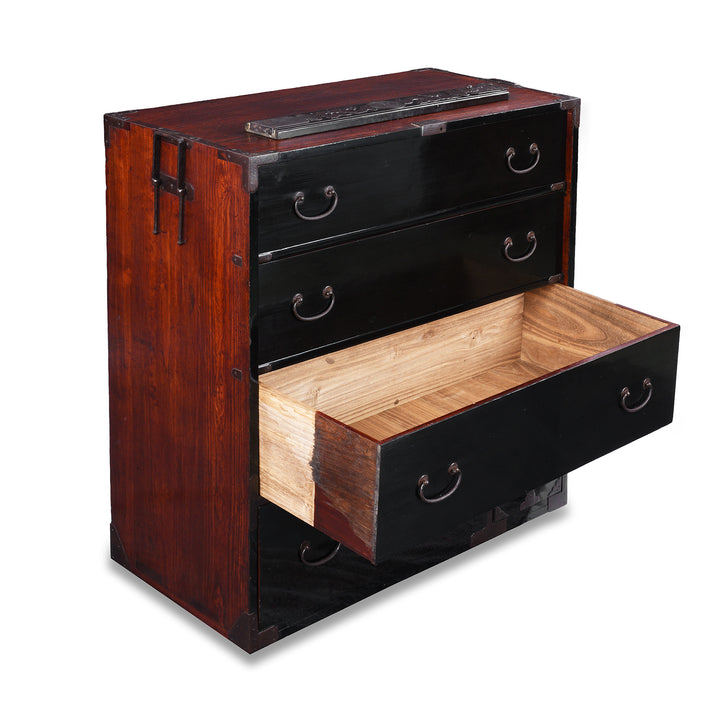 Open Drawer View Of Late Meiji Period Japanese Shōnai Bo-Dansu Kiri Wood Merchant's Chest With Black Lacquer Finish Hand Forged Iron Fittings Hidden Drawers And Original Locking Bar | Indigo Antiques