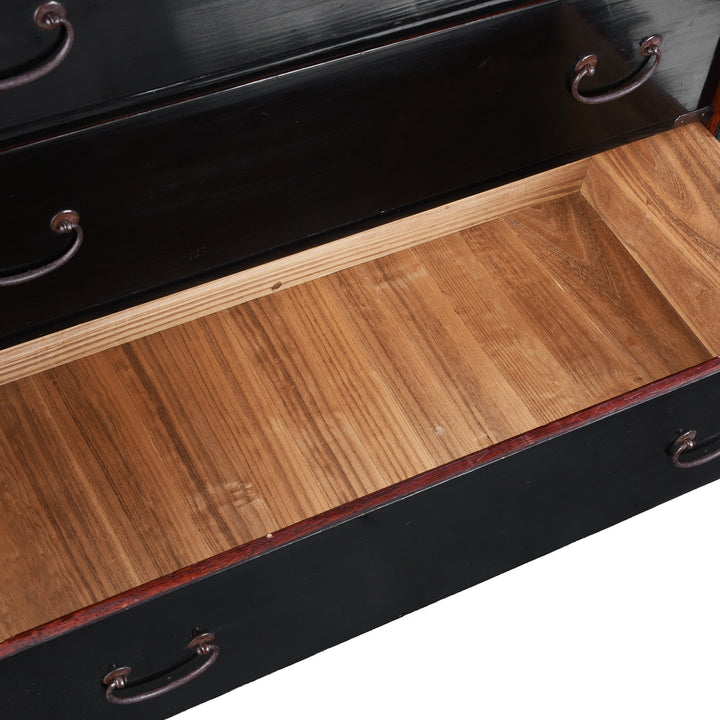 Drawer Interior Detail From Late Meiji Period Japanese Shōnai Bo-Dansu Kiri Wood Merchant's Chest With Black Lacquer Finish Hand Forged Iron Fittings Hidden Drawers And Original Locking Bar | Indigo Antiques