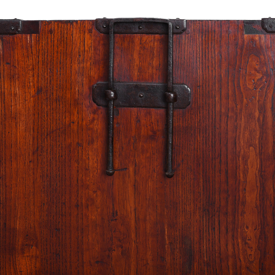 Handle Detail From Late Meiji Period Japanese Shōnai Bo-Dansu Kiri Wood Merchant's Chest With Black Lacquer Finish Hand Forged Iron Fittings Hidden Drawers And Original Locking Bar | Indigo Antiques