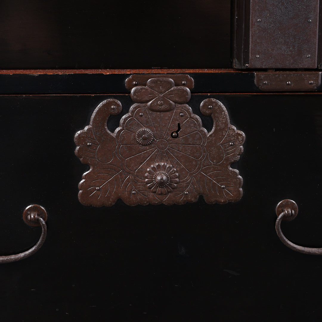 Ironwork Detail From Late Meiji Period Japanese Shōnai Bo-Dansu Kiri Wood Merchant's Chest With Black Lacquer Finish Hand Forged Iron Fittings Hidden Drawers And Original Locking Bar | Indigo Antiques