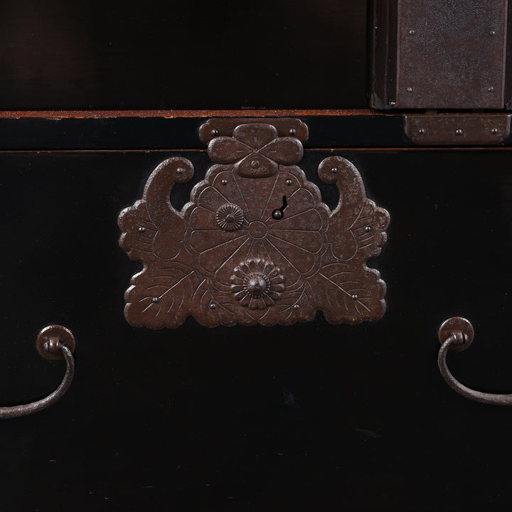 Ironwork Detail From Late Meiji Period Japanese Shōnai Bo-Dansu Kiri Wood Merchant's Chest With Black Lacquer Finish Hand Forged Iron Fittings Hidden Drawers And Original Locking Bar | Indigo Antiques