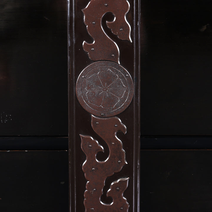 Ironwork Detail From Late Meiji Period Japanese Shōnai Bo-Dansu Kiri Wood Merchant's Chest With Black Lacquer Finish Hand Forged Iron Fittings Hidden Drawers And Original Locking Bar | Indigo Antiques