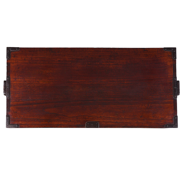 Top Down View Of Late Meiji Period Japanese Shōnai Bo-Dansu Kiri Wood Merchant's Chest With Black Lacquer Finish Hand Forged Iron Fittings Hidden Drawers And Original Locking Bar | Indigo Antiques