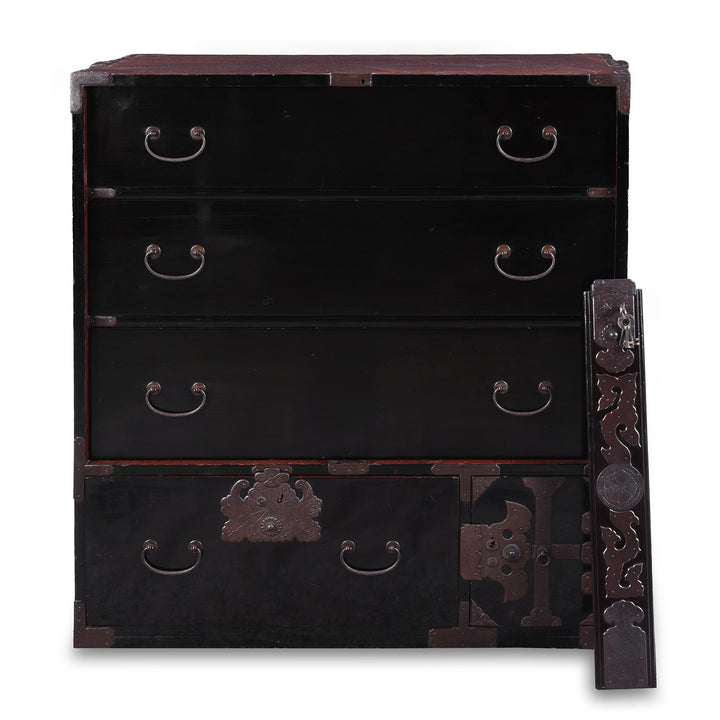Bo Removed View Of Late Meiji Period Japanese Shōnai Bo-Dansu Kiri Wood Merchant's Chest With Black Lacquer Finish Hand Forged Iron Fittings Hidden Drawers And Original Locking Bar | Indigo Antiques