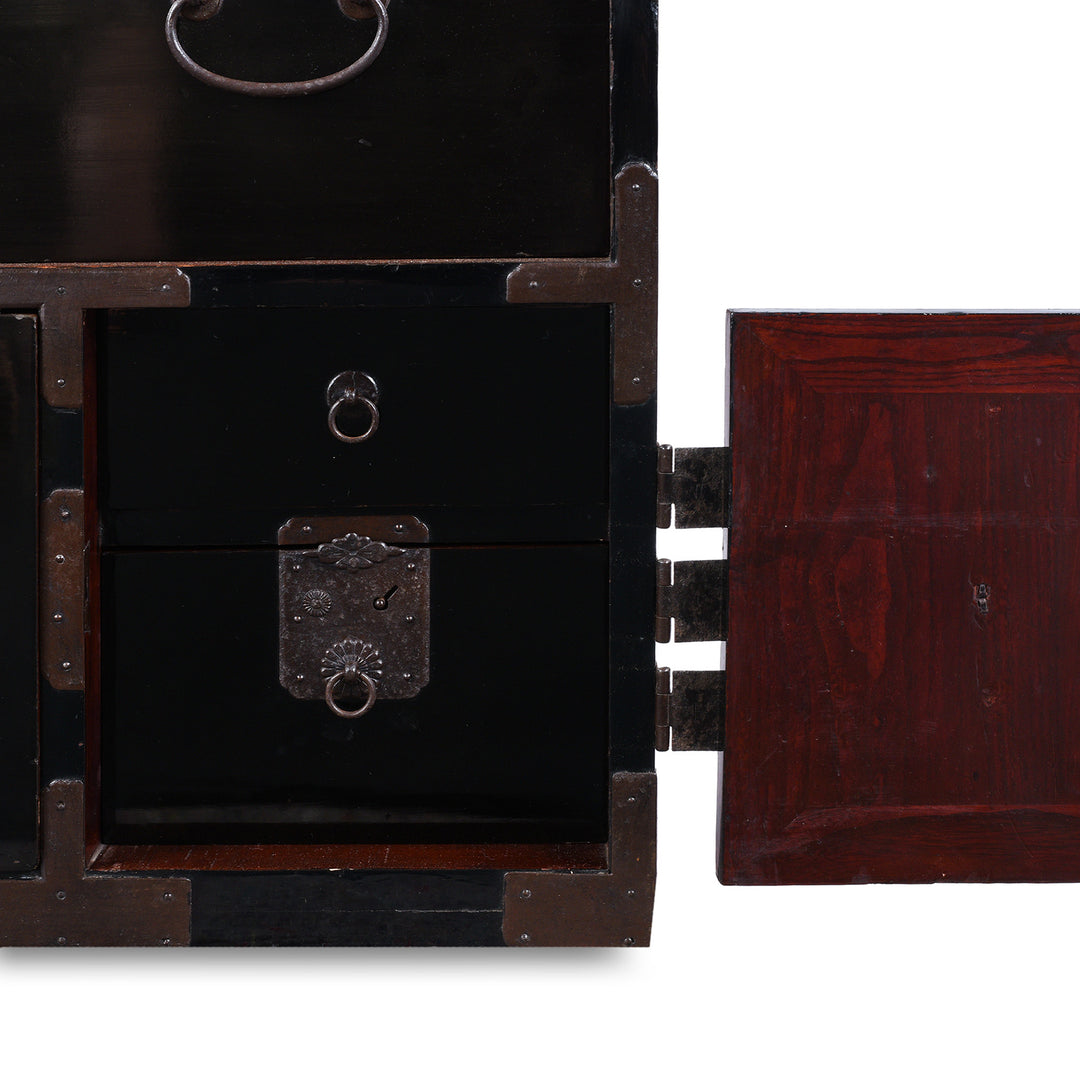 Door Interior Detail from Late Meiji Period Japanese Shōnai Bo-Dansu Kiri Wood Merchant's Chest With Black Lacquer Finish Hand Forged Iron Fittings Hidden Drawers And Original Locking Bar | Indigo Antiques