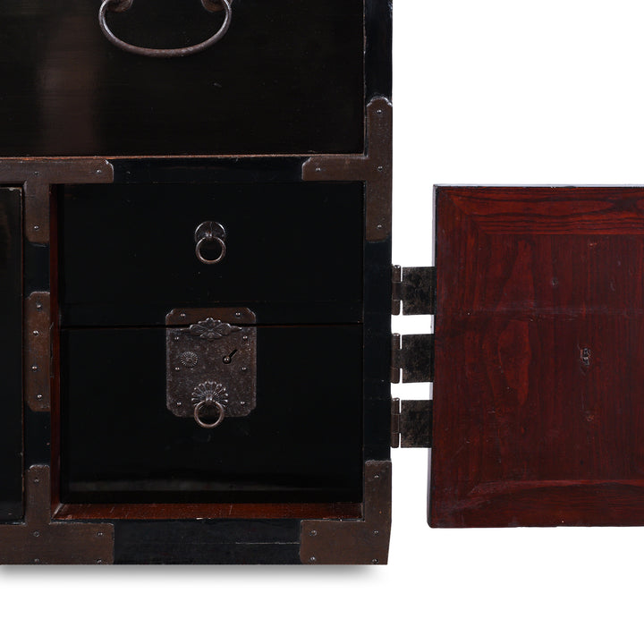 Door Interior Detail from Late Meiji Period Japanese Shōnai Bo-Dansu Kiri Wood Merchant's Chest With Black Lacquer Finish Hand Forged Iron Fittings Hidden Drawers And Original Locking Bar | Indigo Antiques