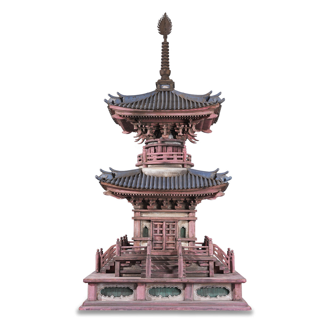 Japanese Meiji Period Tahoto Buddhist Pagoda Architectural Model With Polychrome Painted Wood And Plaster Construction