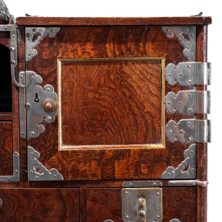 Door Panel Detail Showing Burr On Antique Japanese Burr Tobacco Stand  | Indigo Antiques