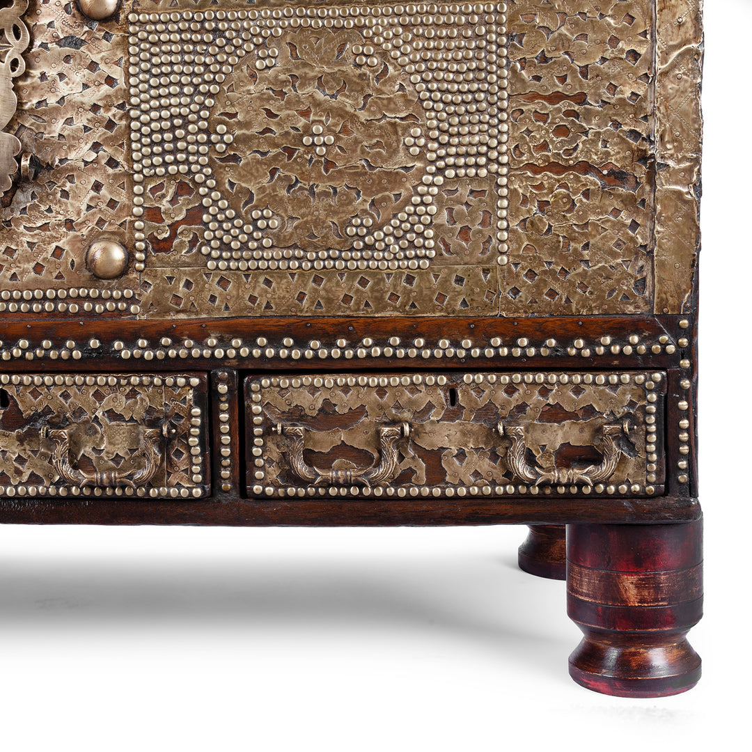 Drawer And Leg Detail From Antique Indian Brass Studded Teak Zanzibar Chest