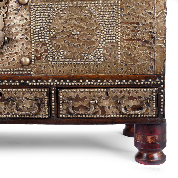 Drawer And Leg Detail From Antique Indian Brass Studded Teak Zanzibar Chest