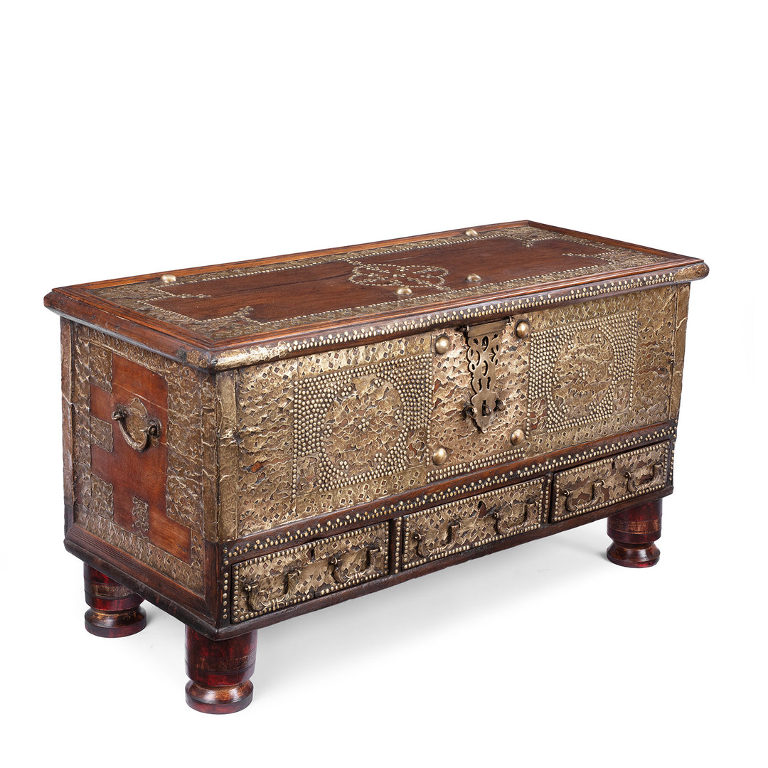 Angled View Of Antique Indian Brass Studded Teak Zanzibar Chest