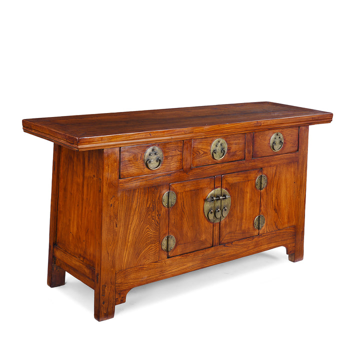 Angled View Of Antique Elm Chinese Sideboard From Peking