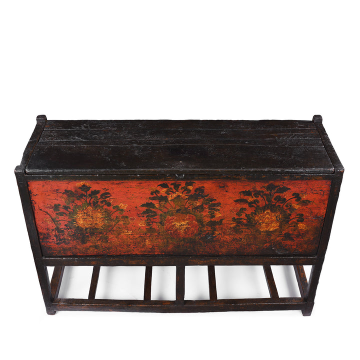 Top Down View Of Antique Tibetan Painted Chest On Stand | Indigo Antiques
