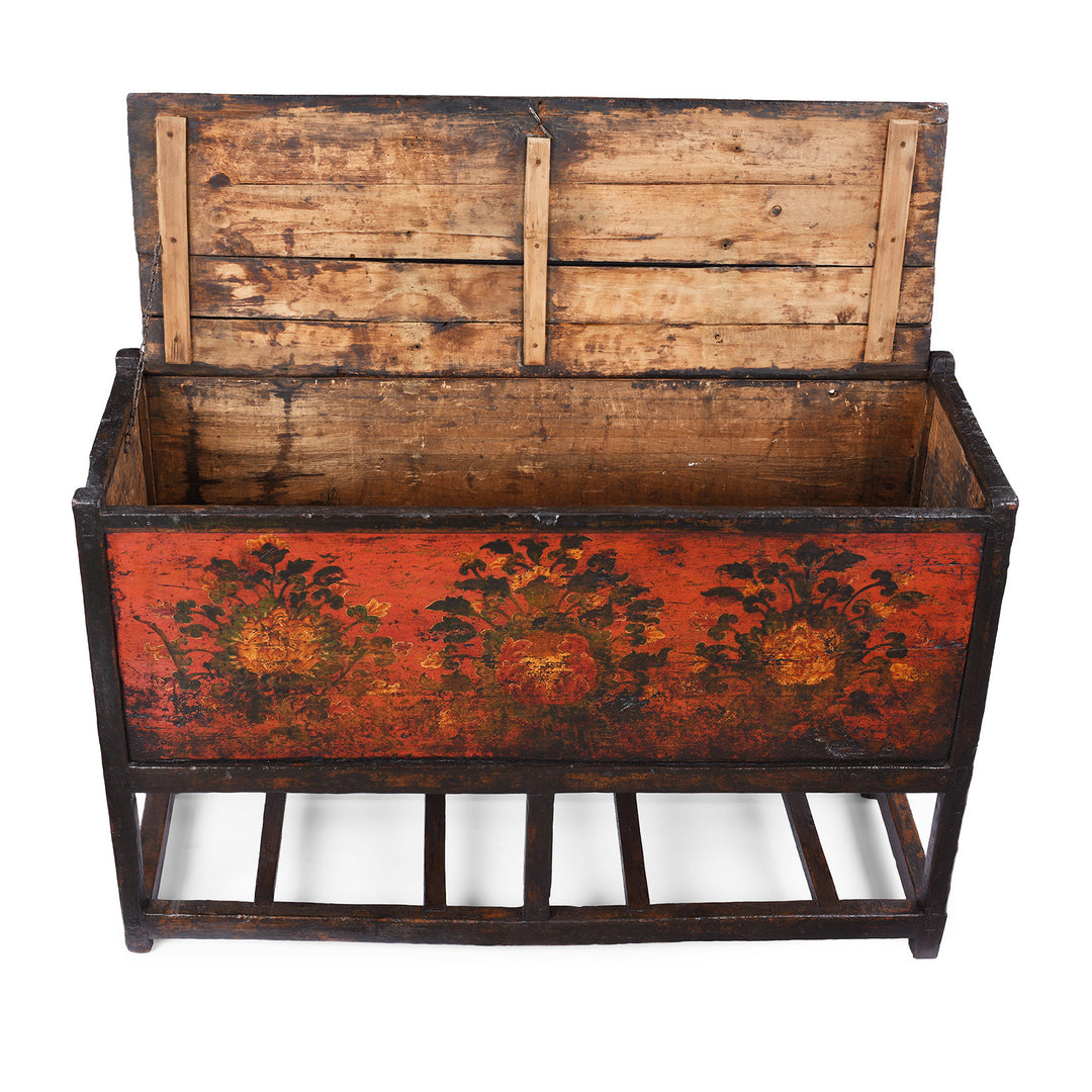 Open Lid View Of Antique Tibetan Painted Chest On Stand | Indigo Antiques