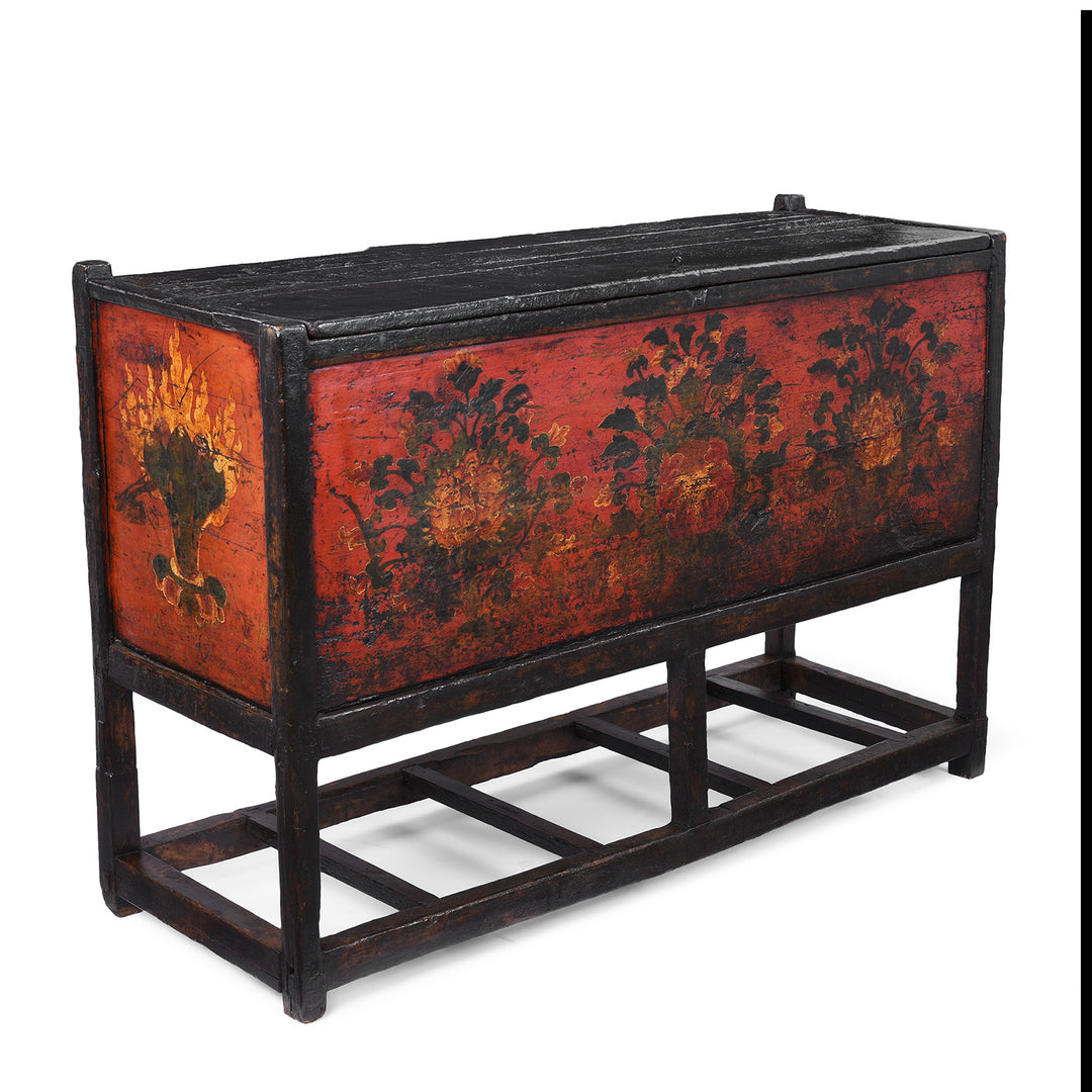 Angled VIew Of Antique Tibetan Painted Chest On Stand | Indigo Antiques
