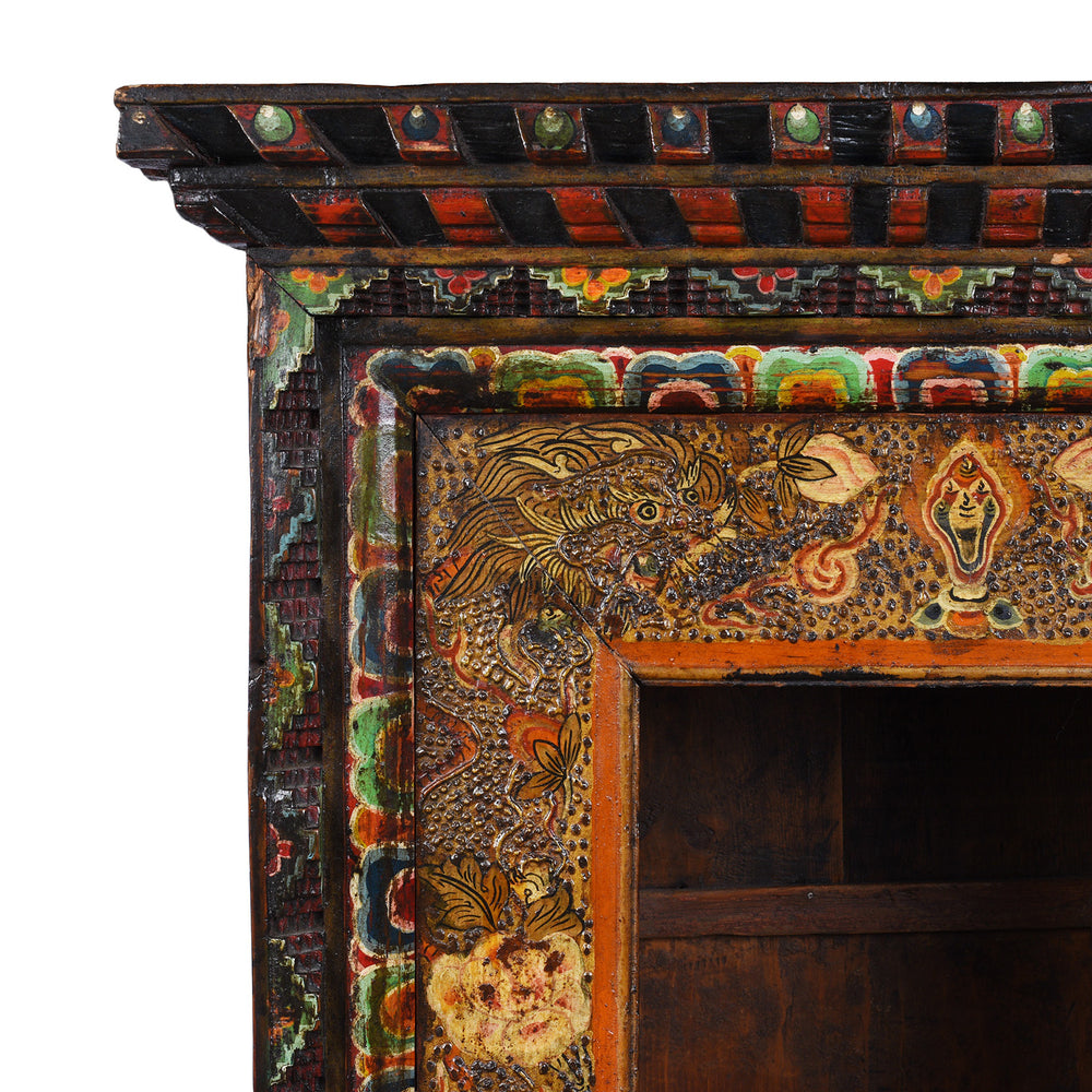 Corner Detail SHowing Dragon And Beading From Antique Tibetan Painted Torgam | Indigo Antiques
