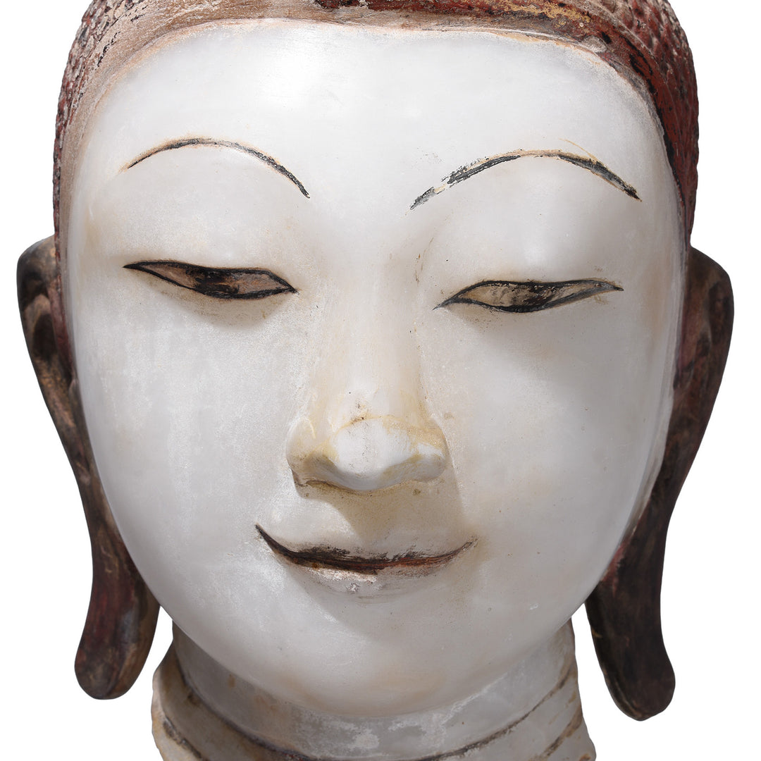 Face Detail From Antique Alabaster Buddha Head On Stand | Indigo Antiques