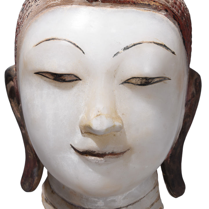 Face Detail From Antique Alabaster Buddha Head On Stand | Indigo Antiques