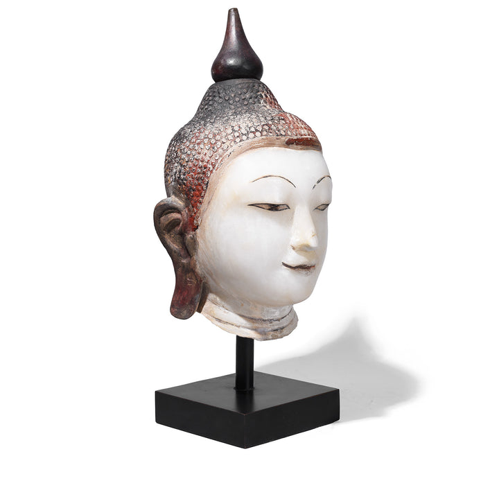 Angled VIew Of Antique Alabaster Buddha Head On Stand | Indigo Antiques