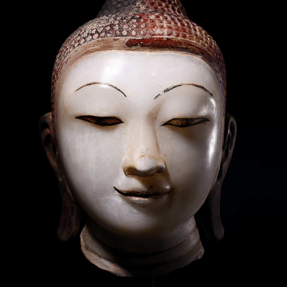Face Detail From Antique Alabaster Buddha Head On Stand | Indigo Antiques