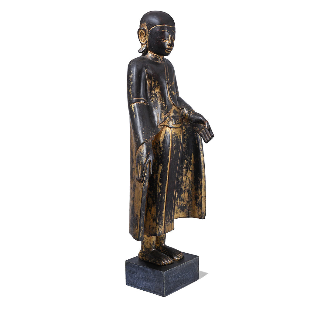 Angled View Of Antique Burmese Carved Lacquer Monk | INDIGO ANTIQUES