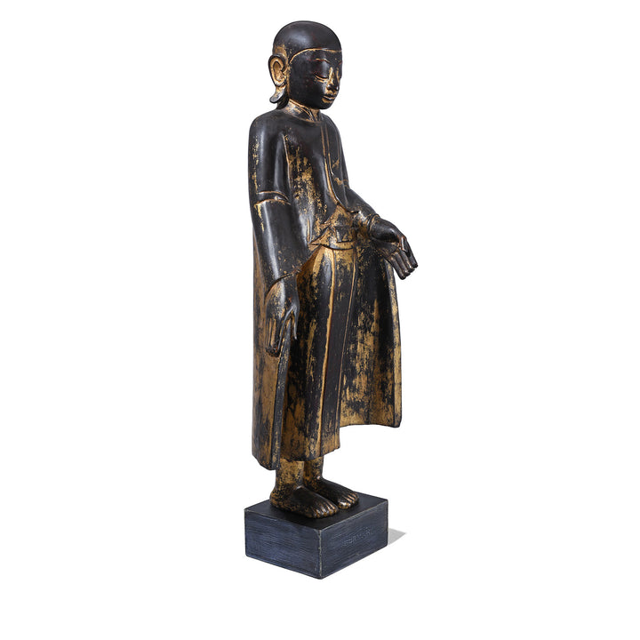 Angled View Of Antique Burmese Carved Lacquer Monk | INDIGO ANTIQUES
