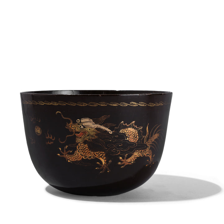 Detail View Of Burmese Black Lacquer Tea Cup With Gilded Five Clawed Dragon Motif Circa 1920