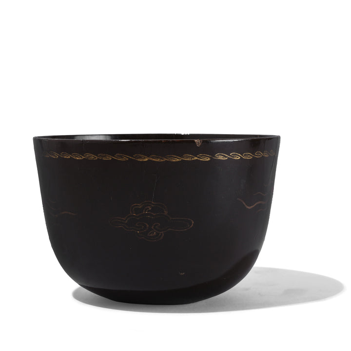 Rear View Of Burmese Black Lacquer Tea Cup With Gilded Five Clawed Dragon Motif Circa 1920