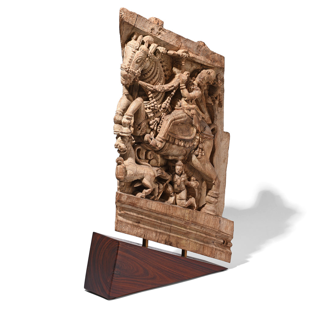 Angled View Of Antique Horse Chariot Carving From Tamil Nadu | Indigo Antiques