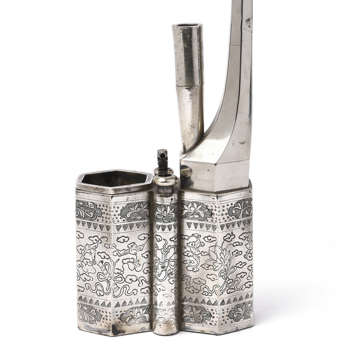 Engraving View Of Antique Engraved Paktong Chinese Water Pipe - Ca 1900 | Indigo Antiques