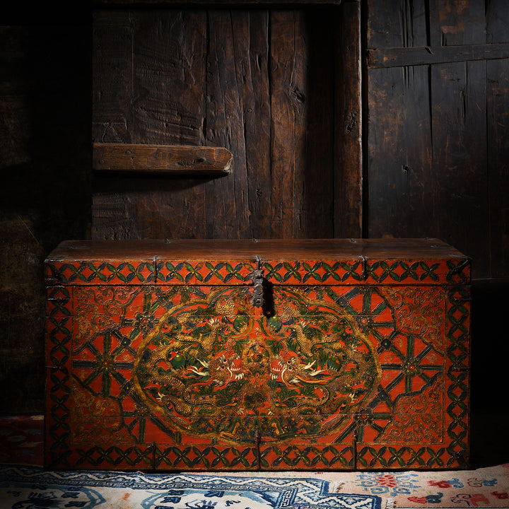 Antique Painted Tibetan 'Double Dragon' Storage Chest - 17thC | Indigo Antiques
