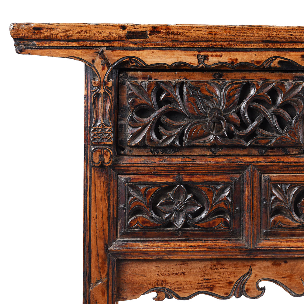 Corner Detail From Antique Elm Wine Table with Carved Drawers From Shanxi | Indigo Antiques