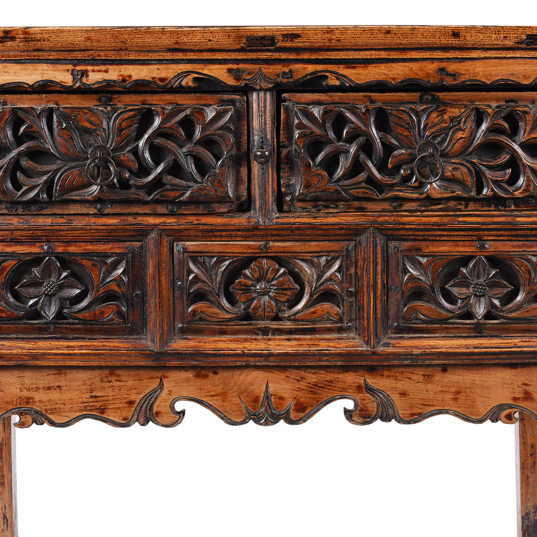 Carving Detail From Antique Elm Wine Table with Carved Drawers From Shanxi | Indigo Antiques