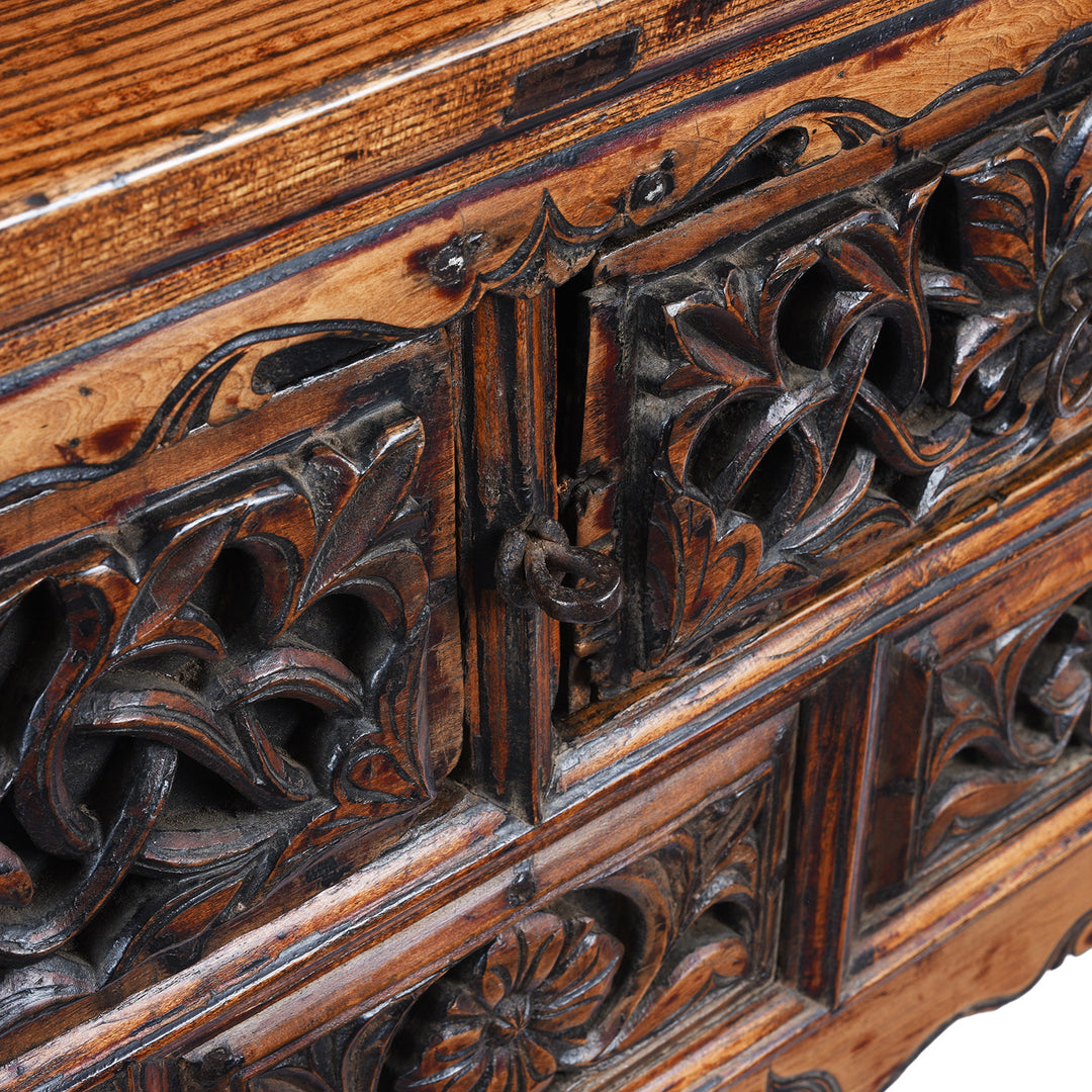 Carving Detail From Antique Elm Wine Table with Carved Drawers From Shanxi | Indigo Antiques