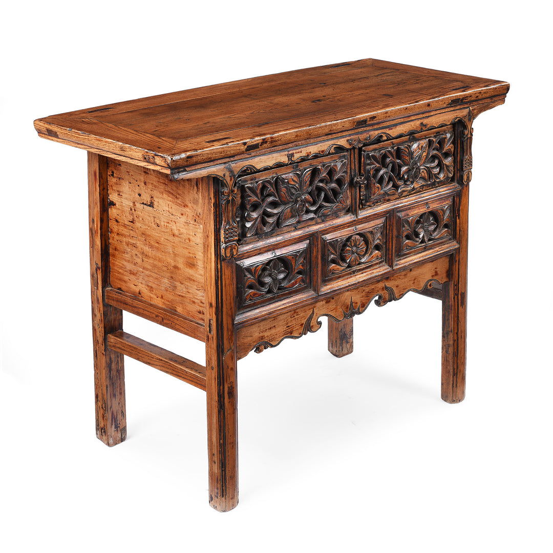 Angled View Of Antique Elm Wine Table with Carved Drawers From Shanxi | Indigo Antiques