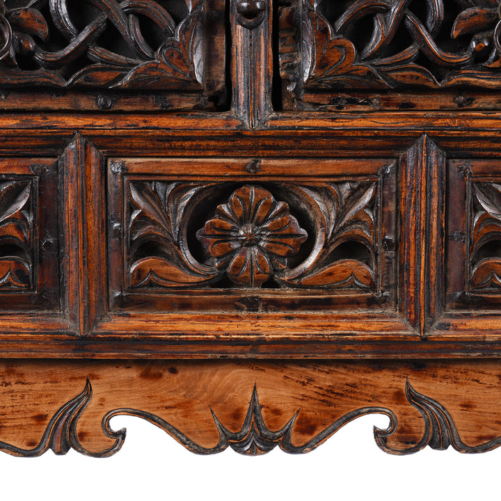Carving Detail From Antique Elm Wine Table with Carved Drawers From Shanxi | Indigo Antiques