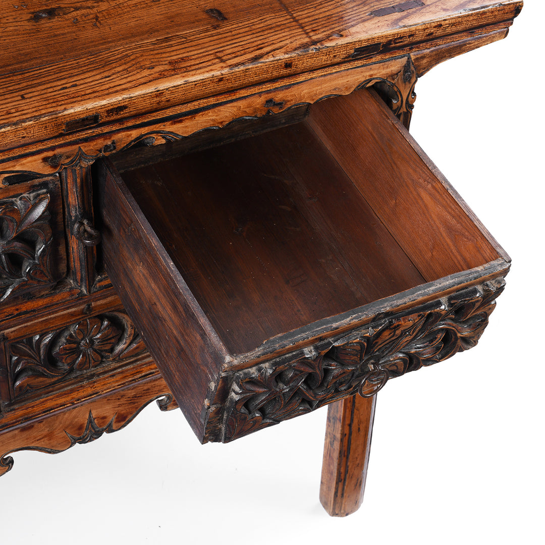 Drawer Interior Detail From Antique Elm Wine Table with Carved Drawers From Shanxi | Indigo Antiques