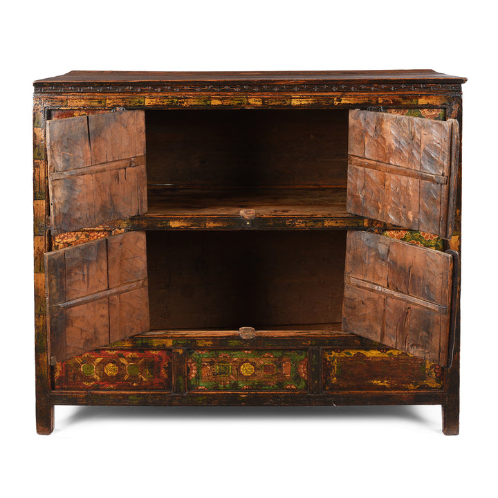 Open Doors View Of Antique Painted Altar Cabinet from Tibet  | Indigo Antiques