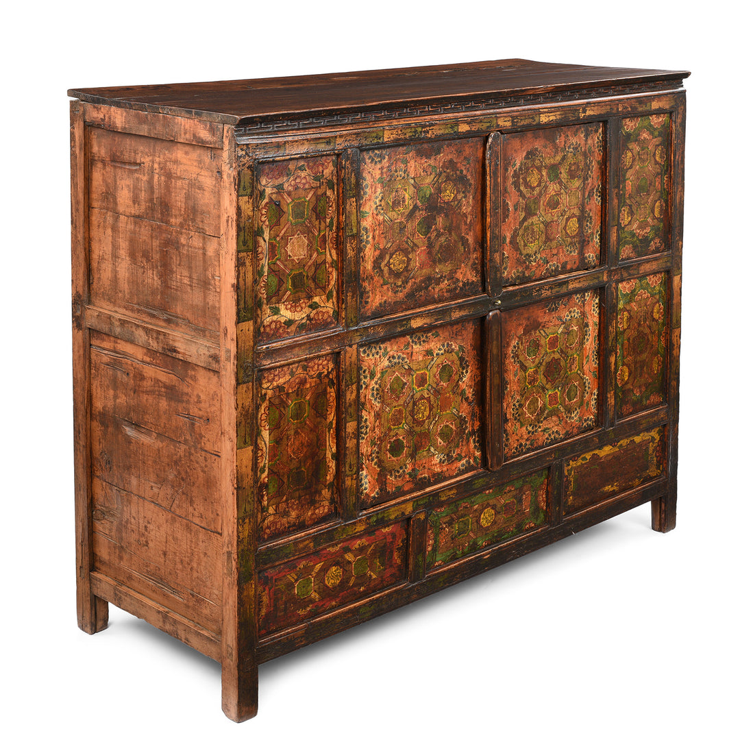 Angled View Of Antique Painted Altar Cabinet from Tibet  | Indigo Antiques