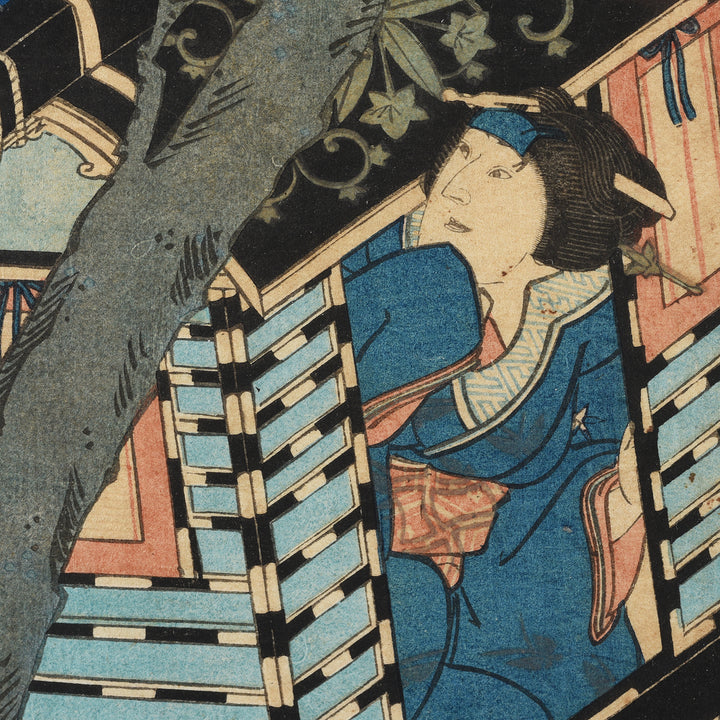 Detail From 'The Border Crossing' by Ichiyōtei Yoshitaki - Japanese Woodblock Print Oban | Indigo Antiques