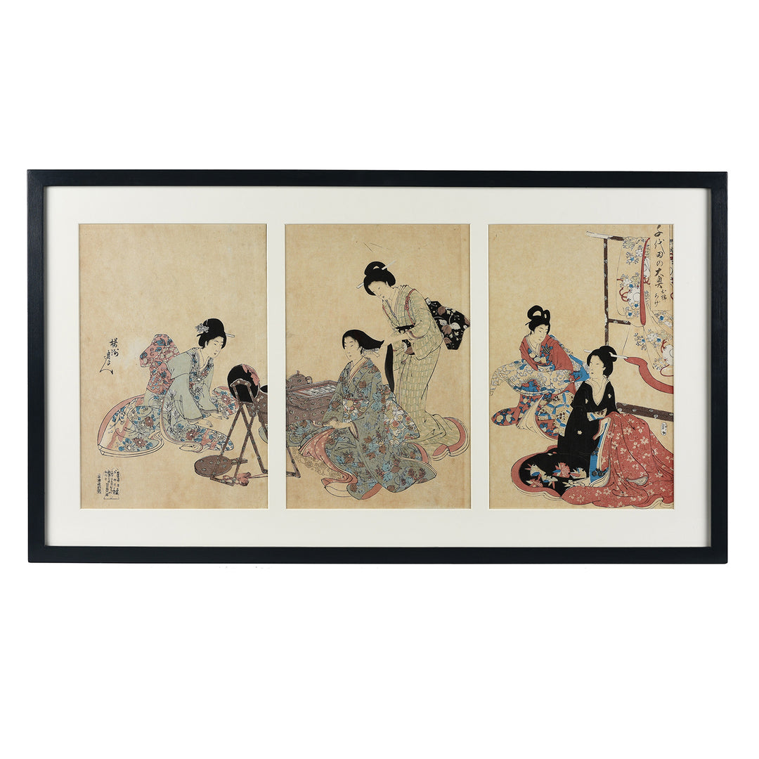 'Hair Styling' Japanese Woodblock Triptych By Chikanobu From the Album of Women | Indigo Antiques