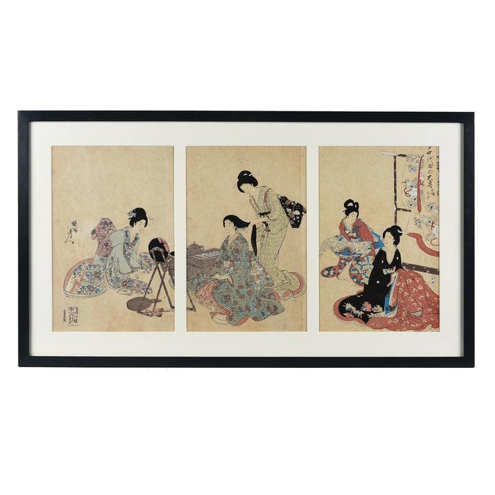 'Hair Styling' Japanese Woodblock Triptych By Chikanobu From the Album of Women | Indigo Antiques