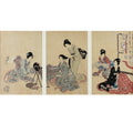 'Hair Styling' Woodblock Triptych By Chikanobu