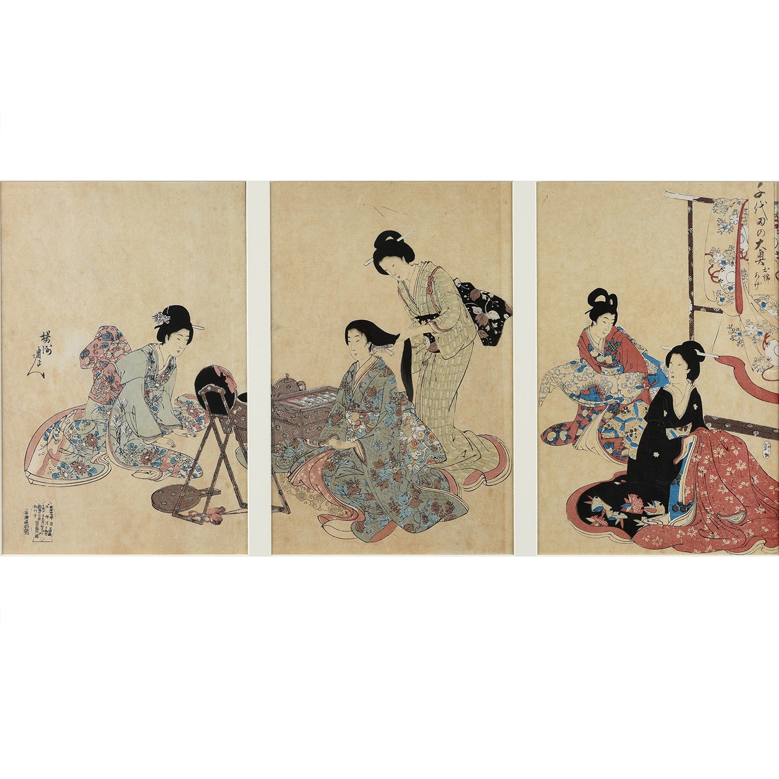 'Hair Styling' Japanese Woodblock Triptych By Chikanobu From the Album of Women | Indigo Antiques