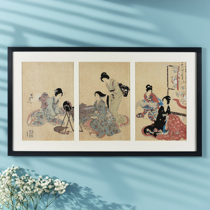 'Hair Styling' Japanese Woodblock Triptych By Chikanobu From the Album of Women | Indigo Antiques