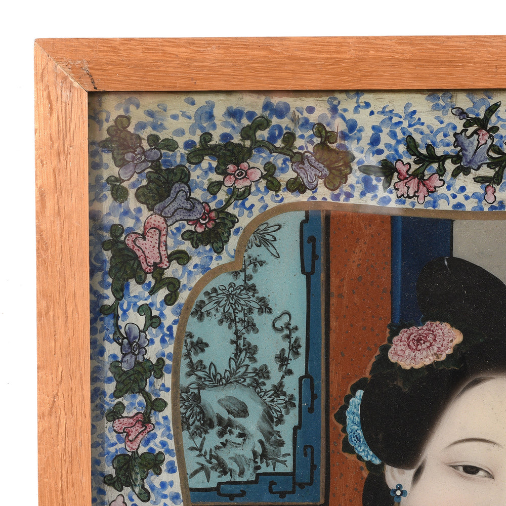 Corner Detail From Antique Reverse Glass Painting Of A Chinese courtesan | Indigo Antiques