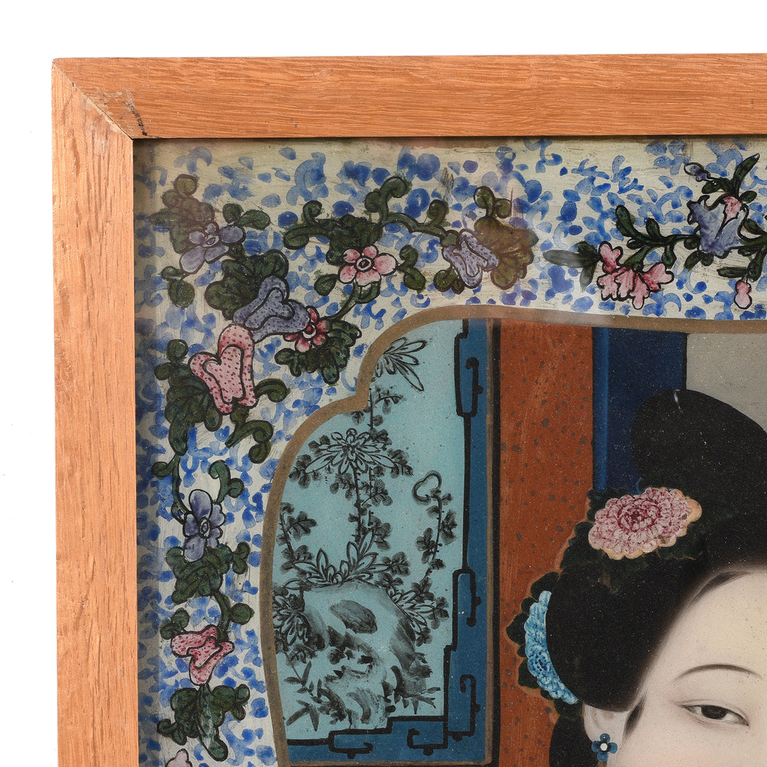 Corner Detail From Antique Reverse Glass Painting Of A Chinese courtesan | Indigo Antiques