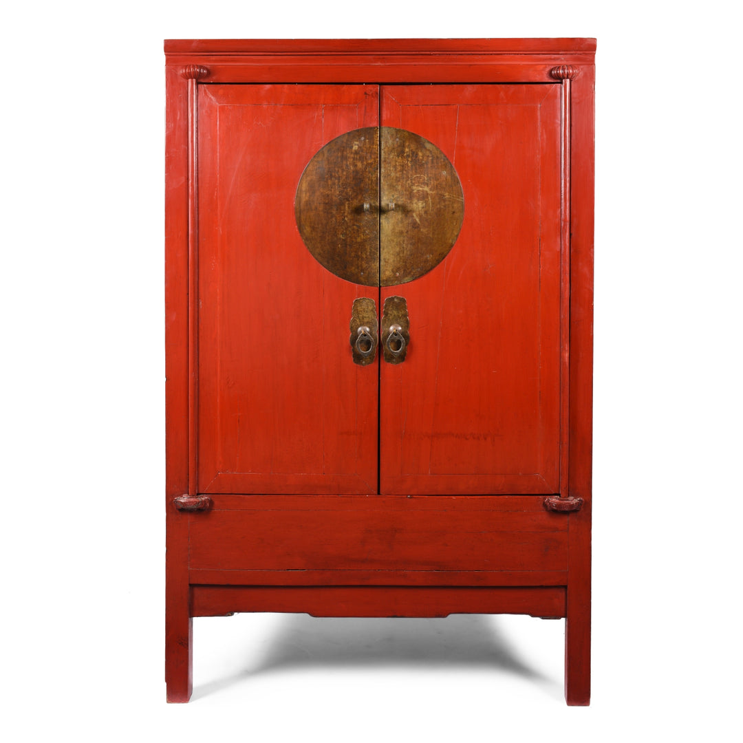 Antique Red Lacquer Chinese Ningbo Wedding Cabinet From Zhejiang - Ca 1900
