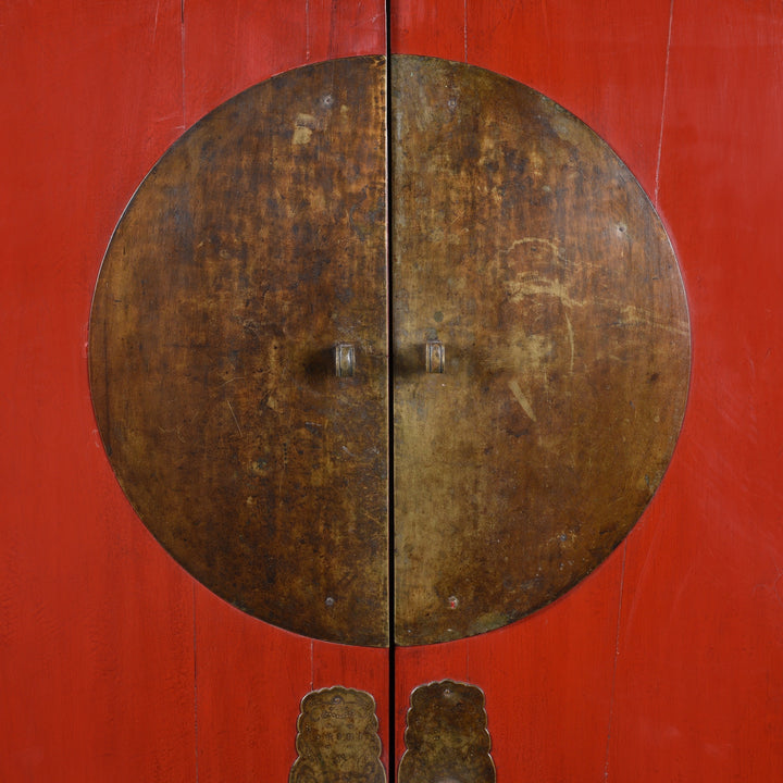 Brass Hardware detail from an Antique Red Lacquer Chinese Ningbo Wedding Cabinet From Zhejiang - Ca 1900